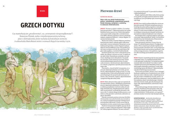 Rozkładówka „Tygodnika Powszechnego”: strona z tytułem „Grzech dotyku” i ilustracją oraz strona z tekstem „Pierwsze drzwi”